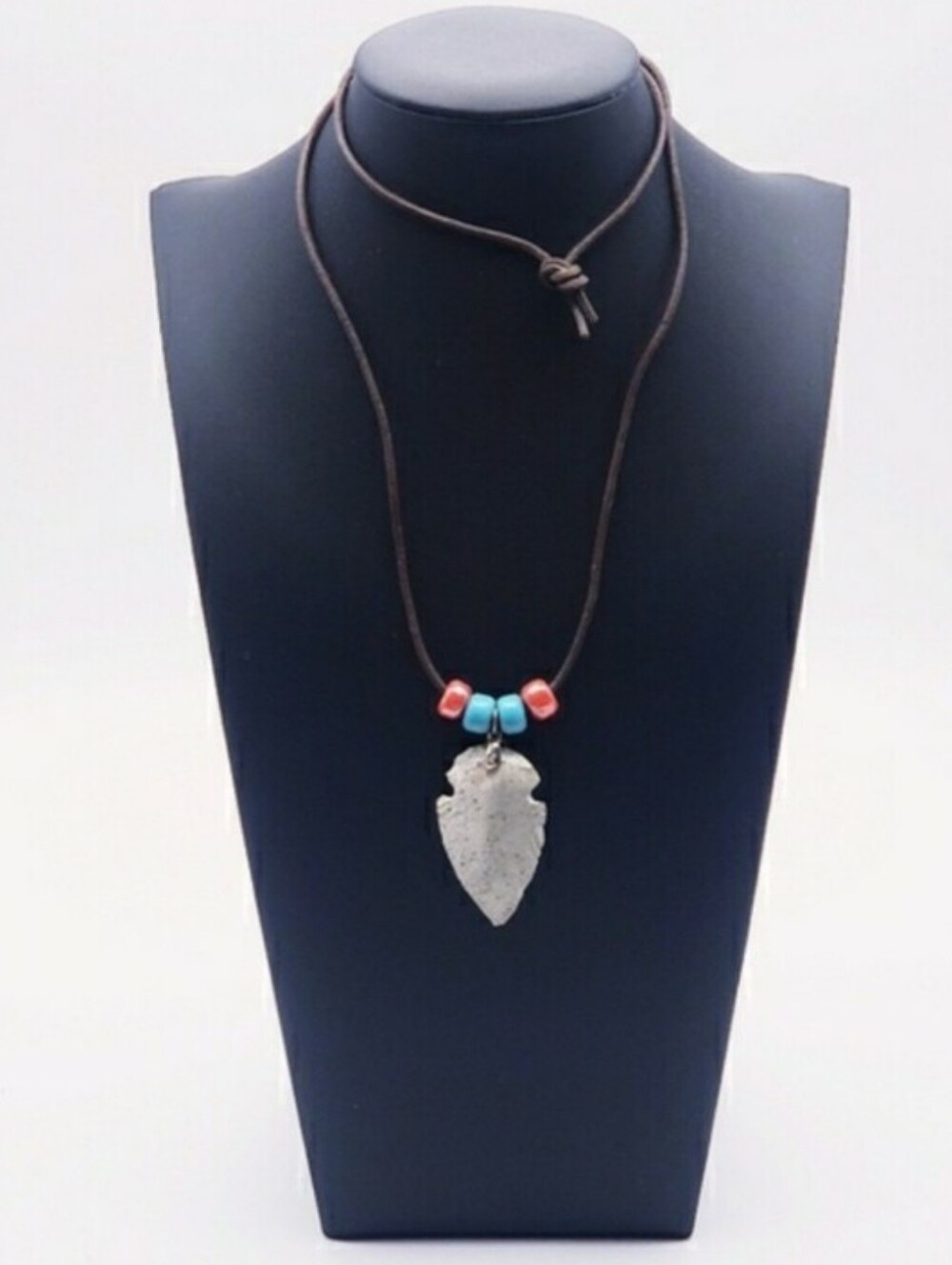 Native American Arrow Head With Beads On Leather Brown Cord Long